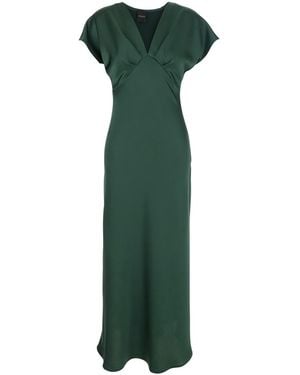Plain Long Dress With V-Neck And Ruffles On The Front - Green