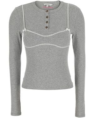 Markgong Lace Trim Bralette Detail Long Sleeve Henley Tshirt With - Grey