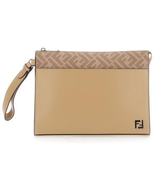 Fendi Cltuch With Ff Motif And Ff Logo Plaque - Natural