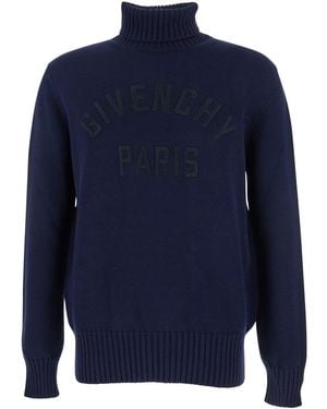 Givenchy Turtleneck Jumper With Logo Lettering On The Front - Blue