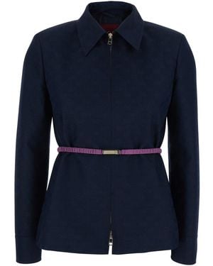 Gucci Jacket With Classic Collar And Removable Belt With Logo Plaque On The Front - Blue