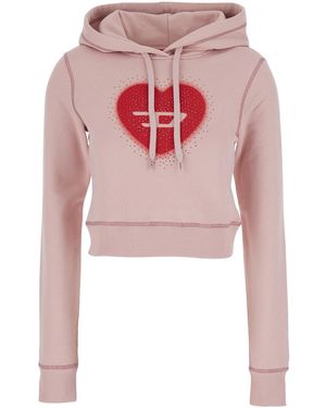 DIESEL Cropped Hoodie With Drawstring Hood And Rhinestoned Heart On The Front - Pink