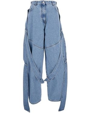 The Attico Jeans With Maxi Drawstring On The Front And Logo Patch - Blue