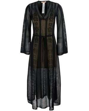 Twinset Long Dress With V-Neck And Semi-Transparent Design With - Black