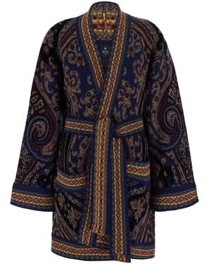 Etro Cardigan Con Cintura Sul Fronte E Ricamo Geometrico All-Over - Blu