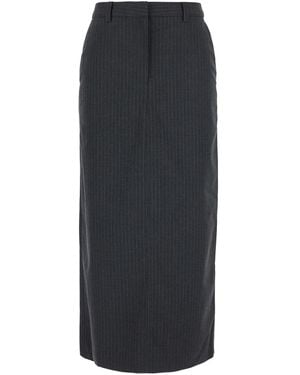 DUNST Long Striped Skirt With High Waist And Tech Fabric - Gray