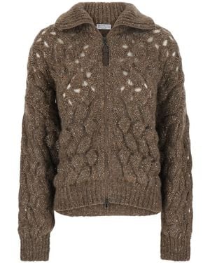 Brunello Cucinelli Mohair Zip Intreccio Cardigan For - Brown