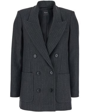 Plain Double-Breasted Jacket With Peak Revers And All-Over Stripe - Black