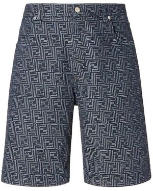 Fendi Bermuda With Belt Loops And All-Over Ff Motif - Blue