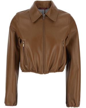 Gucci Jacket With Classic Collar And Tonal Logo Lettering On The Front - Brown