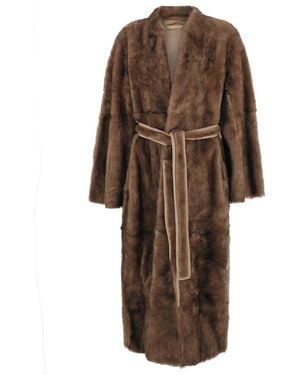 Nour Hammour Coat With Notched Revers And Fur Patch Pockets - Brown