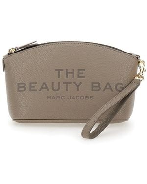 Marc Jacobs 'the Beauty Bag' Grey Clutch Bag With Logo Print On The Front In Leather Woman - Brown