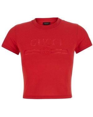 Gucci Cropped T-Shirt With Tone-On-Tone Logo On The Front And Drop - Red