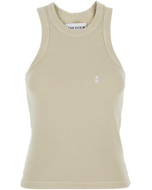 ICON DENIM Sleeveless Top With A Sailor Neckline And Logo Embroi - Natural