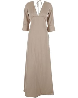 Plain Maxi Dress With Front And Rear V Neck And Maxi Bow On The - Natural