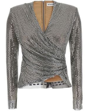 Self-Portrait Mesh Top With Rhinestones And Long Sleeves - Gray