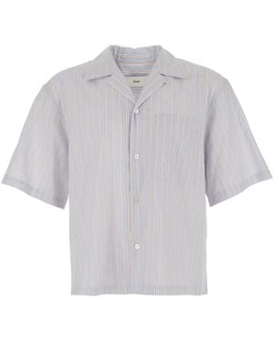 DUNST Shirt With Open Collar And All-Over Striped Motif - Grey
