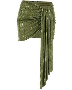 VENUJA Mini Skirt With Draping On The Front And All-Over Strass - Green