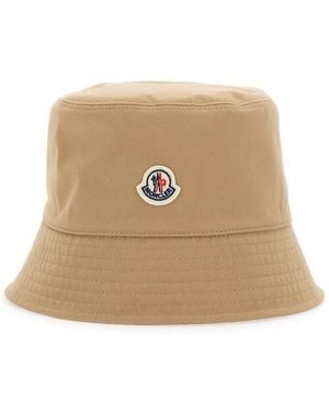 Moncler Bucket Hat With Dropped Wide Brim And Logo Patch On The Front - Natural