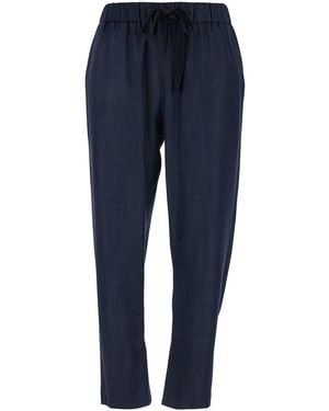 Plain Trousers With Elastic Drawstring Waist - Blue