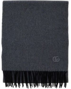 Gucci Sciarpa Con Patch Gg Sul Fronte E Orlo Sfrangiato - Nero