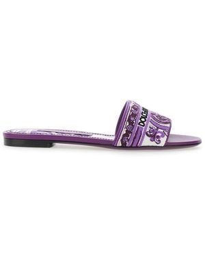 Dolce & Gabbana Sandals With Logo Embroidery On The Front And All-Over Majolica Motif - Purple