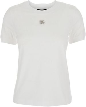 Dolce & Gabbana Crewneck T-Shirt With Logo Embroidery With Crystals On The Front - White