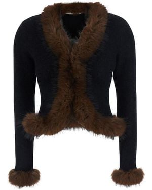 Self-Portrait Faux Fur Cardigan With Collar And Long Sleeves - Black