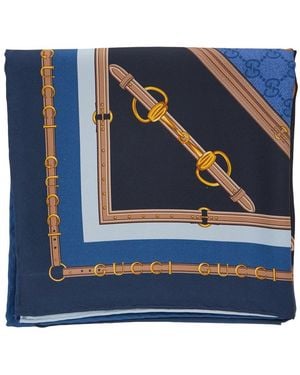 Gucci Square Scarf With Equestrian Print - Blue