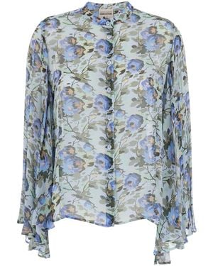 Semicouture Round Neck Blouse With Ruffles And All-Over Floral Print I - Blue