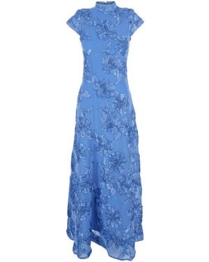 ROTATE BIRGER CHRISTENSEN Long Dress With High Neck And All-Over Floral Motif - Blue