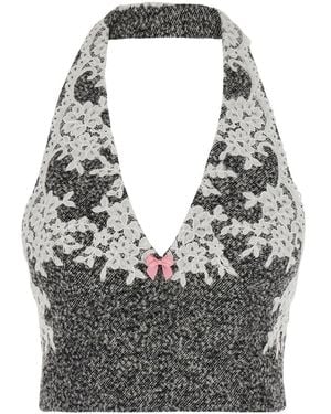 Markgong Wool Lace Halter Top With Halter Neck And Sleeveless Gra - Grey