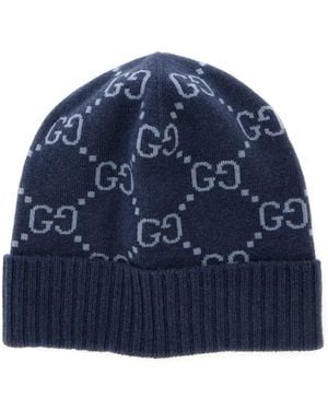 Gucci Beanie With All-Over Gg Motif - Blue