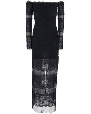 Blumarine Long Dress With All-Over Embroidery Design - Black