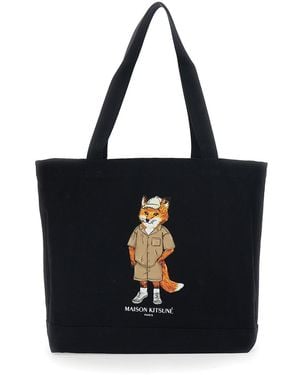 Maison Kitsuné Dressed Fox Tote Bag With Printed Logo On The Front - Black