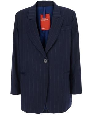 ..,merci Double-Breasted Jacket With Peak Revers And All-Over Stripe - Blue