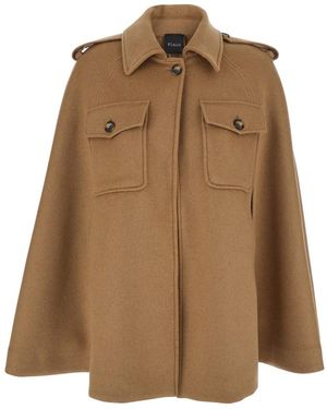 Plain Cape With Classic Collar And Front Button Closure - Brown