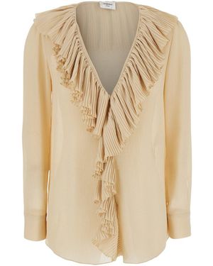 Saint Laurent Crepe Ruffle Blouse - Natural