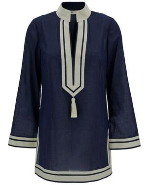 Tory Burch Herringbone-Trimmed Cotton Tunic - Blue