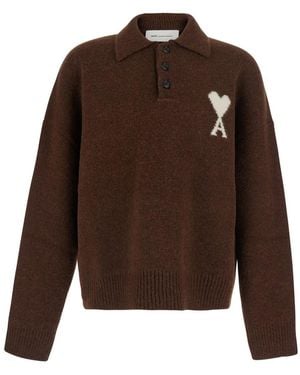 Ami Paris Polo Sweater With Polo Collar And Long Sleeves - Brown
