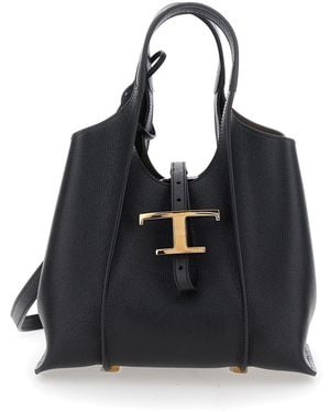 Tod's Tote Bag With Two Top Handles And Logo Plaque On The Front - Black