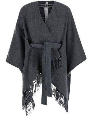Burberry Cape With Leather Details And Fixed Hood - Black