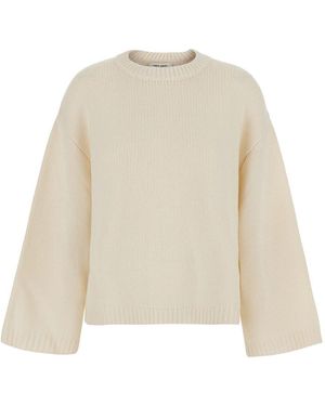 Soft Goat Chunky Crew Neck Jumper With Ribbed Design - White