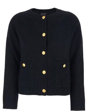Plain Crewneck Cardigan With Jewel Buttons And Two Front Patch P - Blue