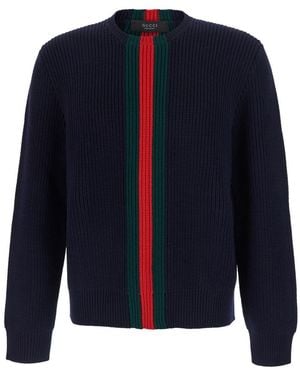 Gucci Ribbed Jumper With Web Stripe On The Front And Back - Blue