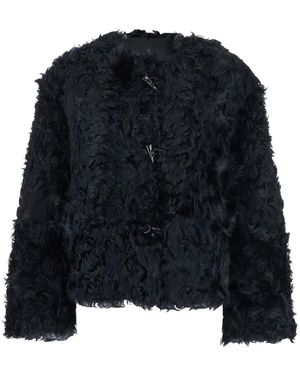 Plain Collarless Fur Jacket With Front Toggle Closure - Blue
