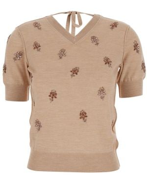 Fendi T-Shirt With V Neck On Front And Rear And Floral Embroidery On The Front - Natural