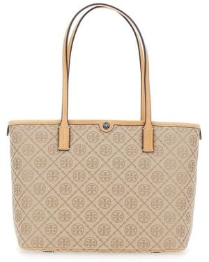 Tory Burch Borsa Shopping Piccola Con Monogramma Logo All-Over E Chius - Neutro