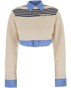 Balenciaga Crop Sweater With Double-Layer Design And Logo Letter - Blue