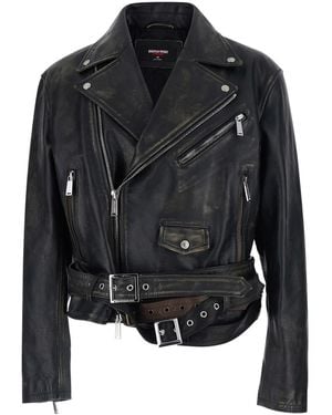 DSquared² 'D2 X Magliano' Biker Jacket With Wide Classic Lapels And Logoed Belt - Black